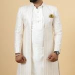 Alluring Thread Embroidered Off-White Open Sherwani for Men - Father Son Combo | Jaipurio